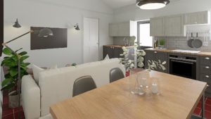 Inside of a Cottage at Salomons with a kitchen, living area and dining table