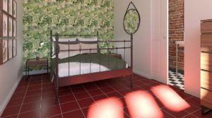 Bedroom with red floor and plant themed walls with a double bed