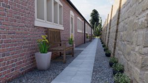 Path with benches and door to cottages