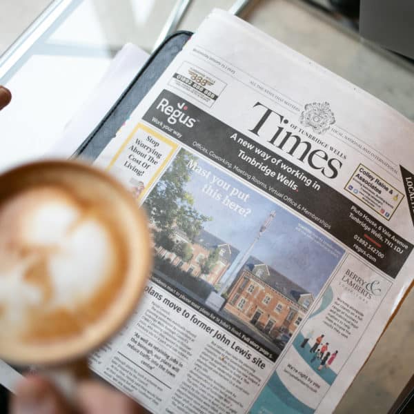 Times of Tunbridge Wells Newspaper with a cup of coffee