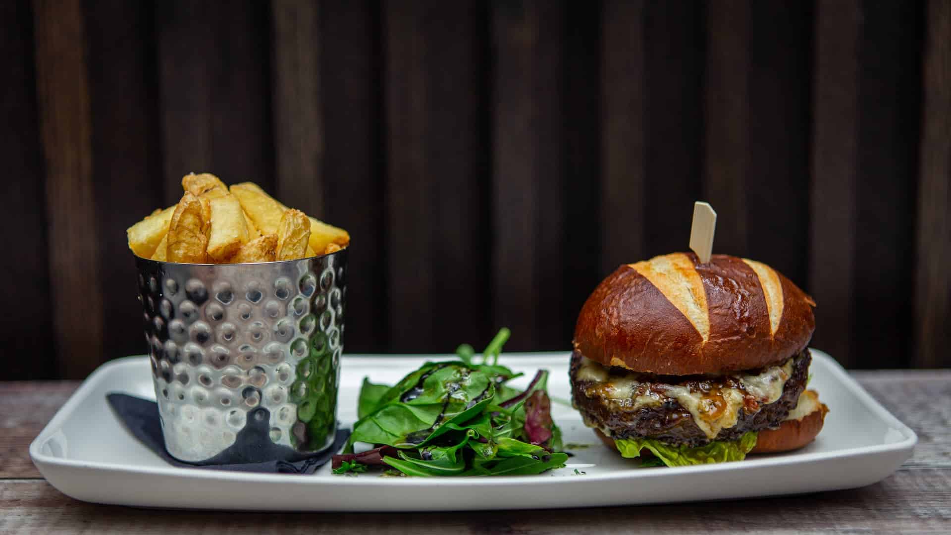 Burger and french fries served at the brasserie