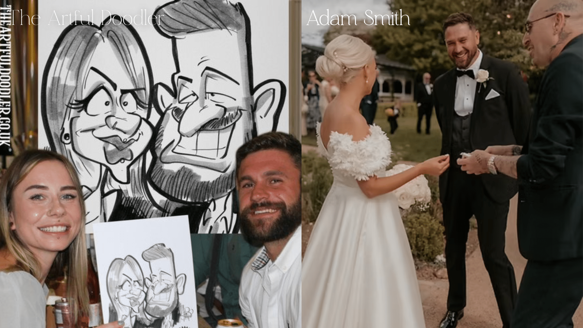Bride and Groom posing with a caricature