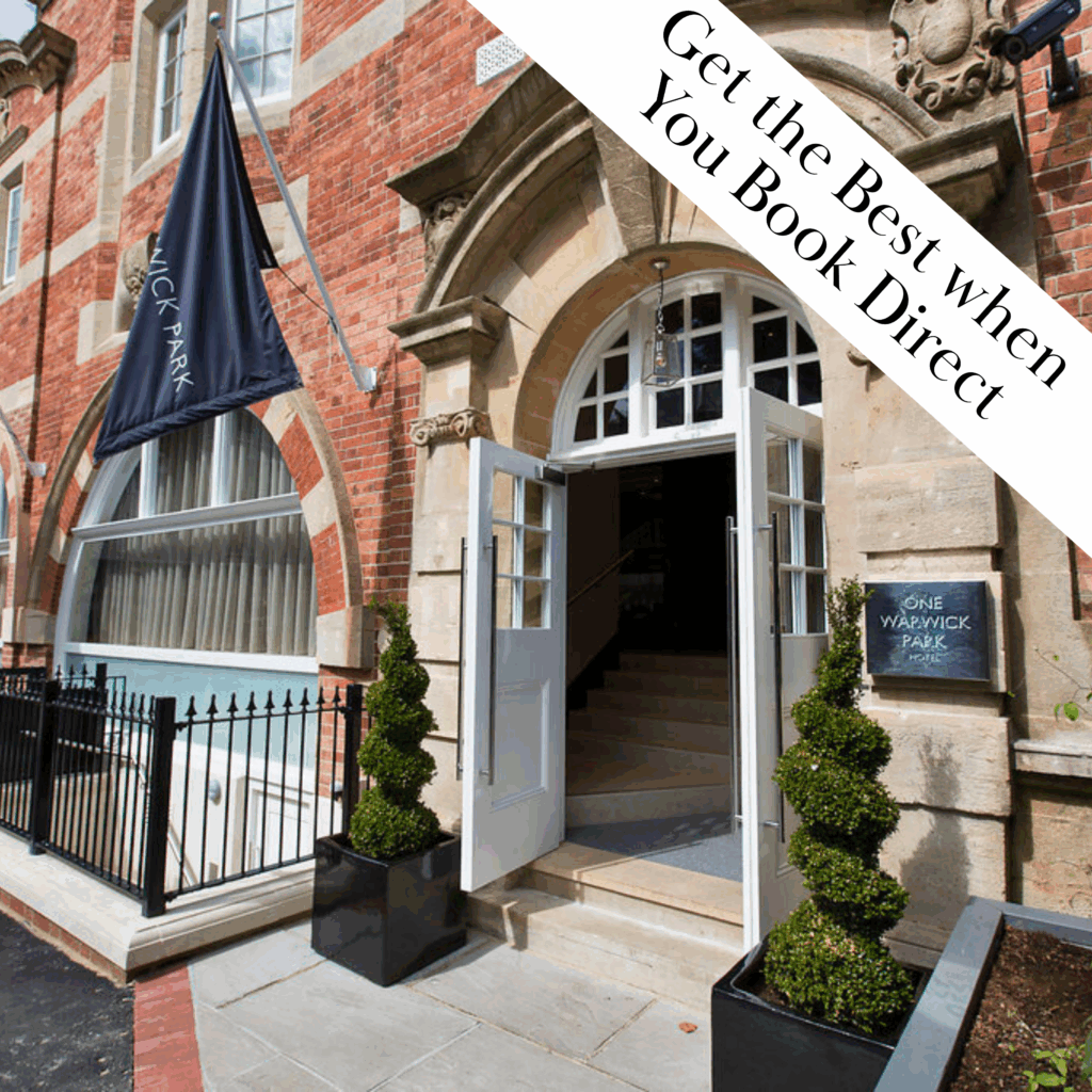 Luxury hotel entrance in Tunbridge Wells promoting exclusive perks for direct bookings at One Warwick Park Hotel.