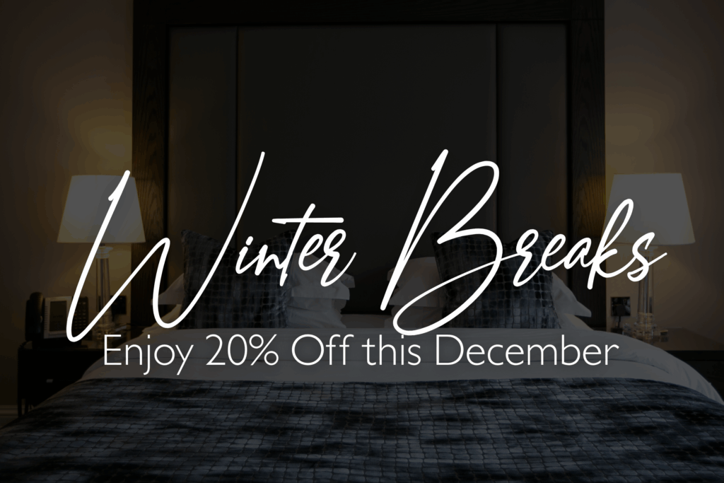 Winter Breaks promotional banner showing a boutique hotel bedroom offering 20% off December stays in Tunbridge Wells