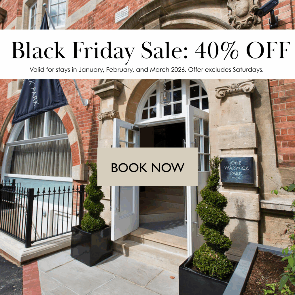 Exterior entrance of One Warwick Park Hotel in Royal Tunbridge Wells with an open doorway and “Black Friday Sale: Save 40%” promotional banner encouraging guests to book direct for the best Black Friday hotel deals.