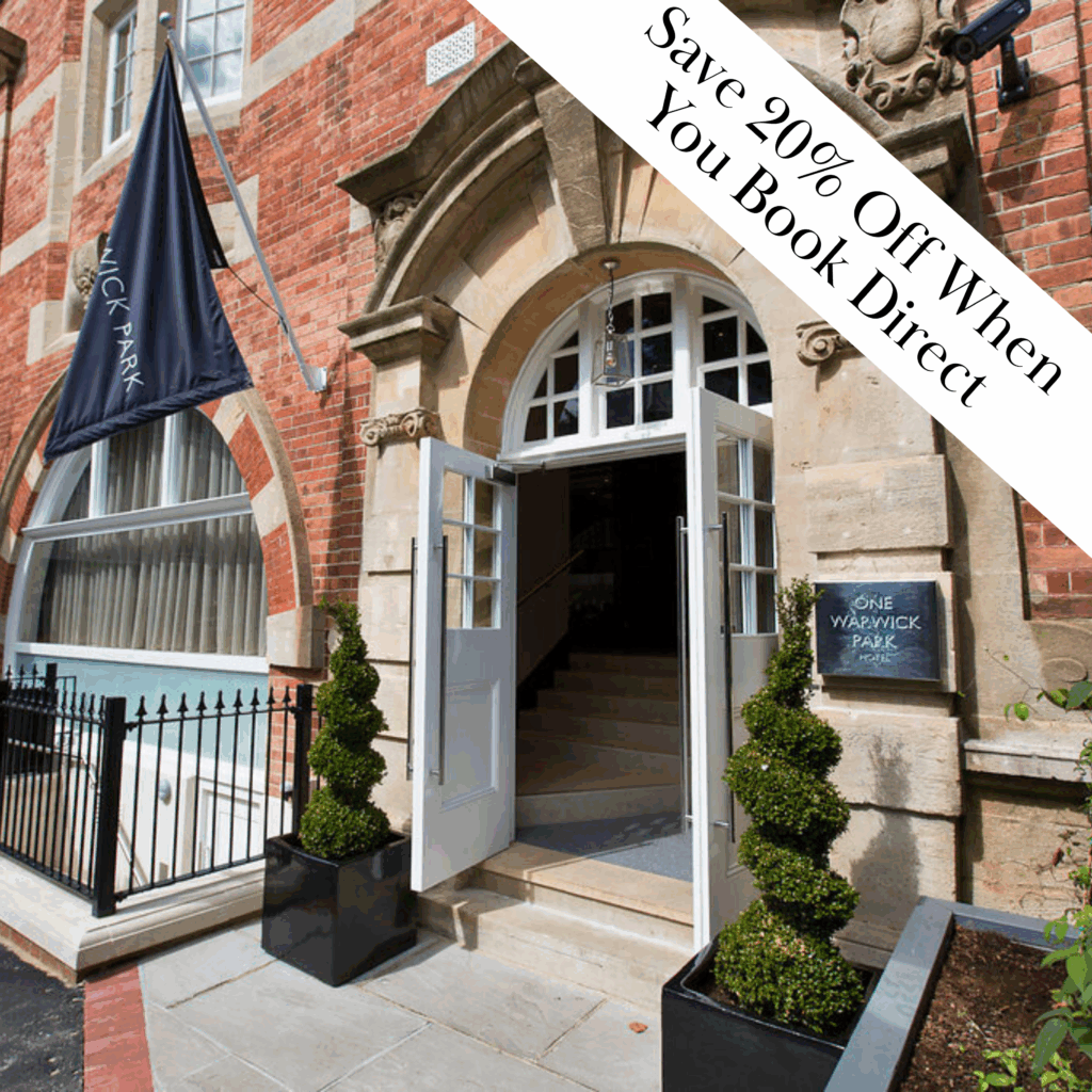 Entrance of One Warwick Park Hotel in Tunbridge Wells with open doors, decorative plants, and a banner advertising a 20% saving when booking direct.