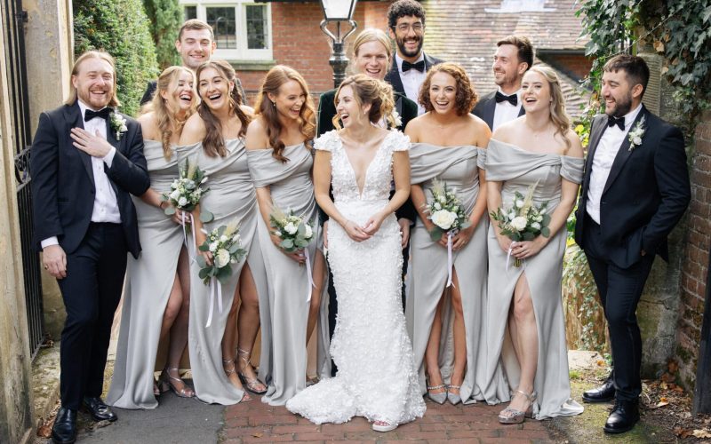 Bride, Groom, Bridesmaids and Groomsmen celebrating a wedding at One Warwick Park